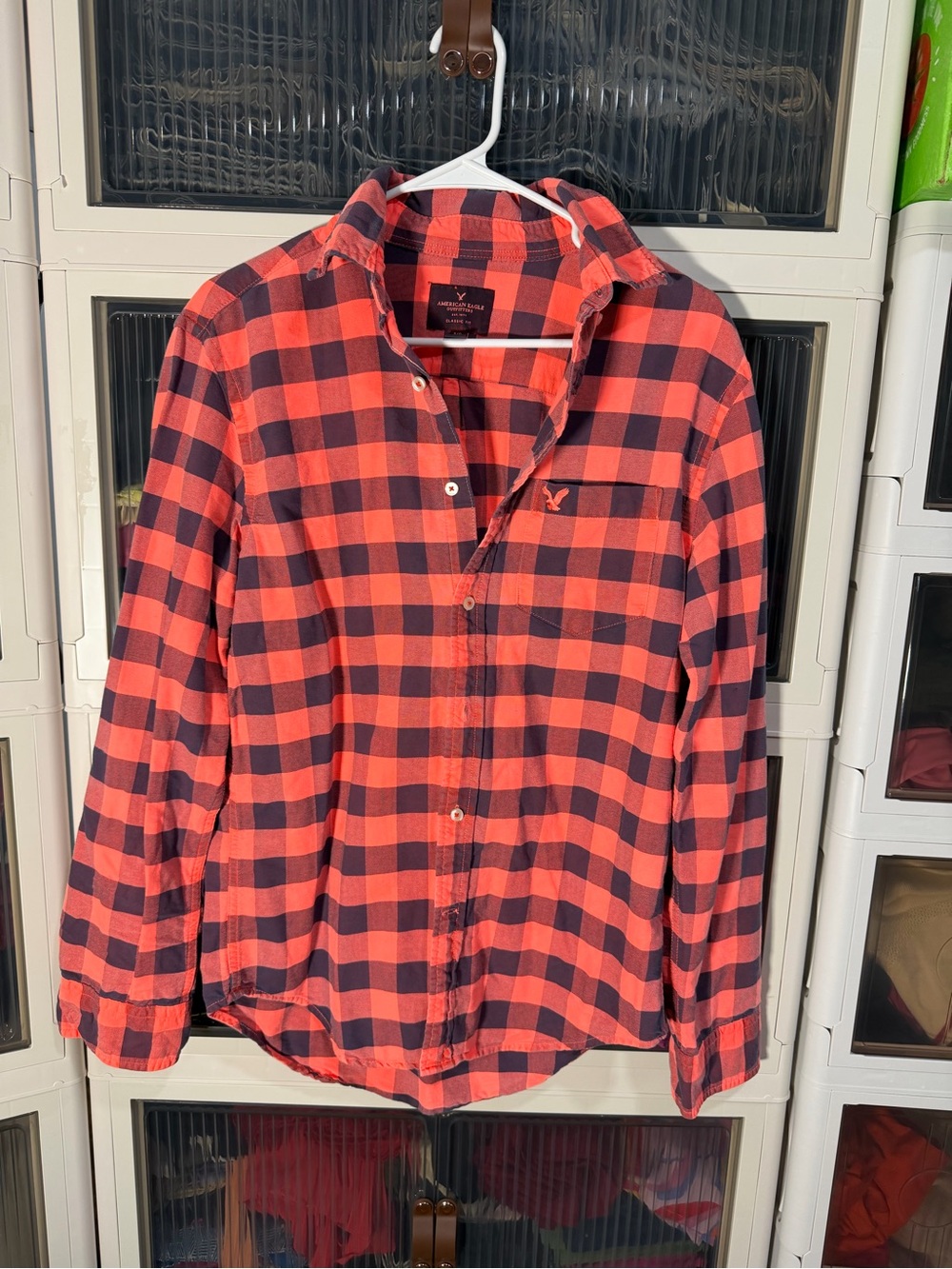 American Eagle Outfitters Red and Black Plaid Button-Up Shirt -